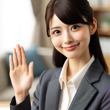 DALL·E-2023-11-12-02.23.02-A-beautiful-Japanese-woman-in-her-20s-working-as-a-disability-support-counselor-smiling-gently-with-her-left-hand-raised.-She-is-wearing-professiona